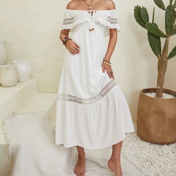 . Dresses & Skirts - WHITE Tie Front Ruffle Trim Off Shoulder Dress